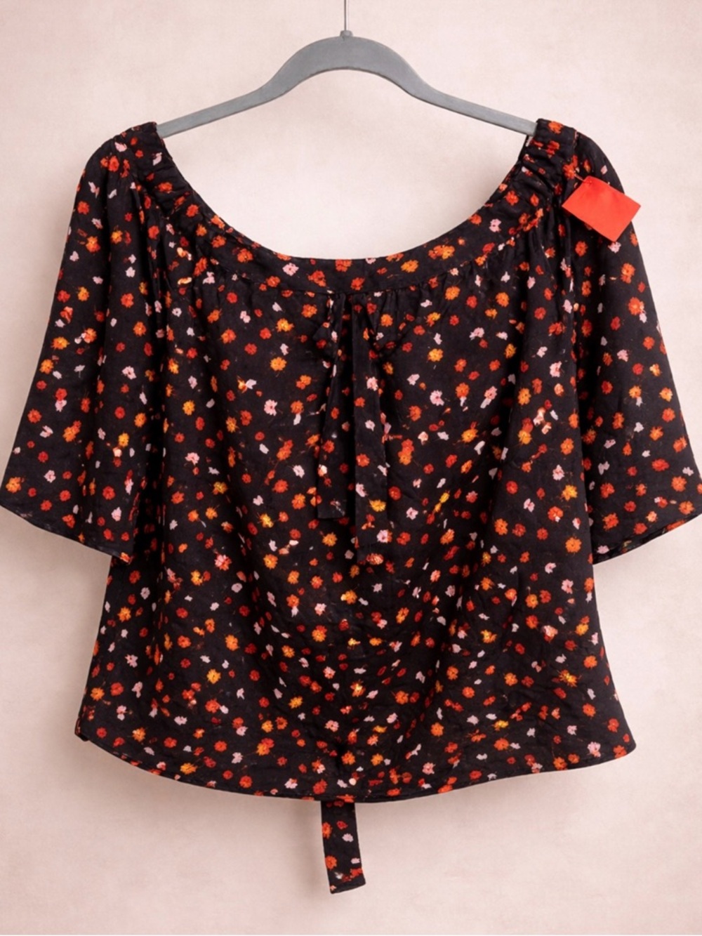 7 For All Mankind Black Off-Shoulder Floral Tie-Neck Top - Picture 4 of 4